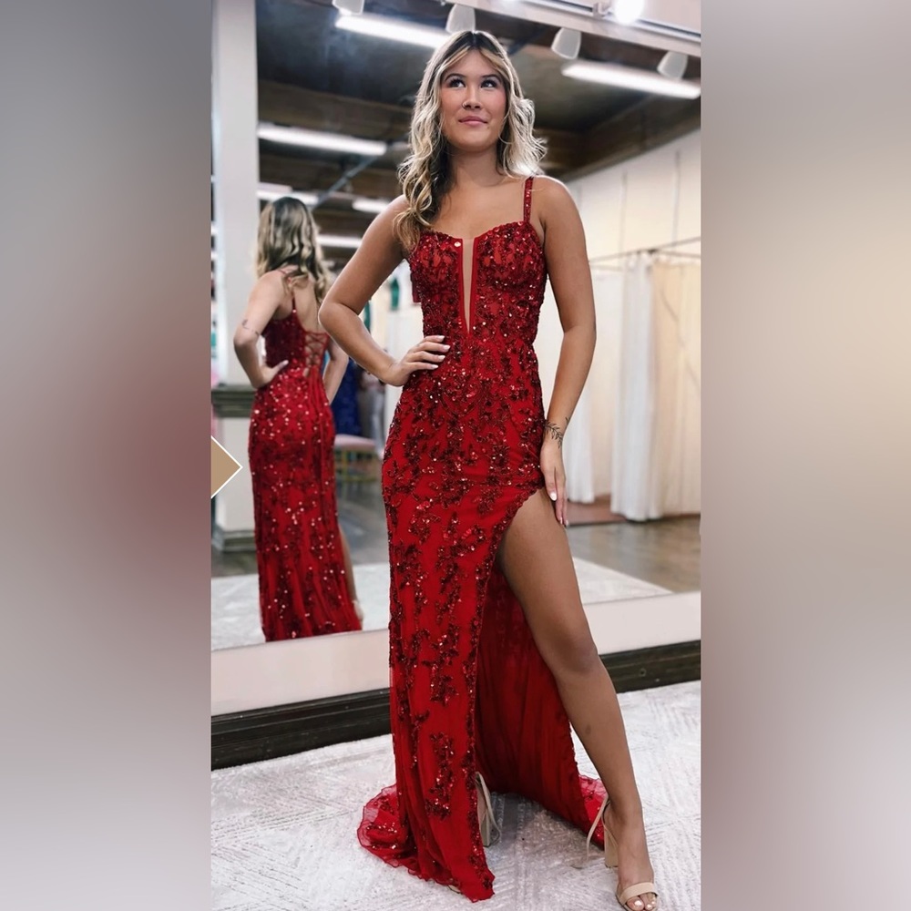 Red mermaid sequin prom dress with corset top